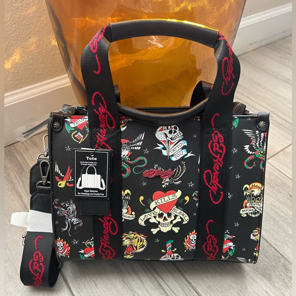 Ed Hardy Black Tattoo Print Tote Bag